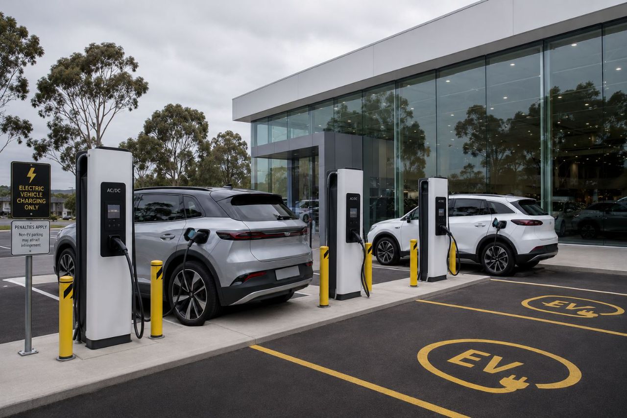 EV chargers installed on a car dealership forecourt in Sydney